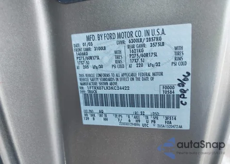 2003 Ford F-150 Lariat/Xl/Xlt from USA, damaged, VIN 1FTRX07LX3KC24422